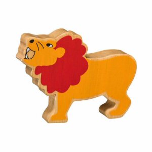 A colourful, chunky wooden lion figure
