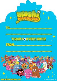 Moshi Monster's party supplies thank you's